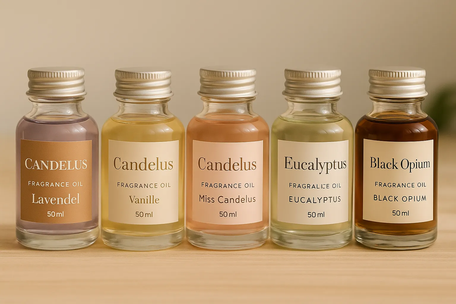 Geurolie 50ml Candelus 5 naast elkaar